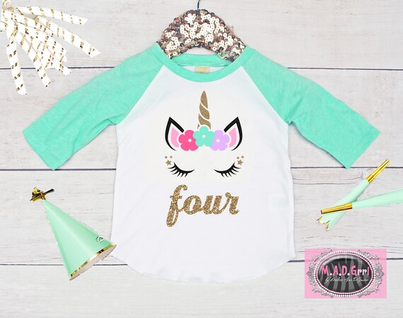 Girls 4th Birthday Shirt, Unicorn Birthday Shirt, Girls Unicorn Shirt, Girls Raglan Shirt, Fourth Birthday, Girls Birthday Shirt Il_570xn