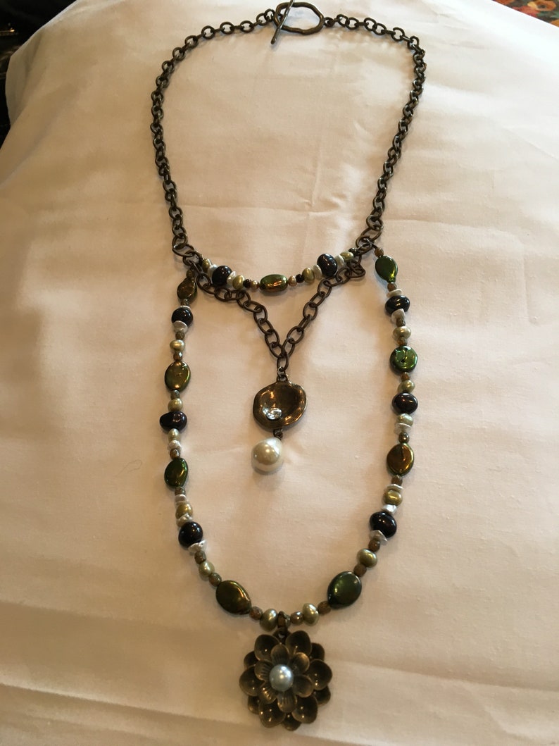 Boho Necklace with Freshwater Pearls with Chain and Pendant Charms
