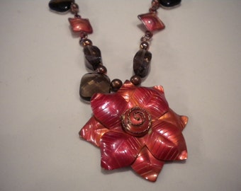 Copper Flower Pendant and Smoky Quartz Necklace