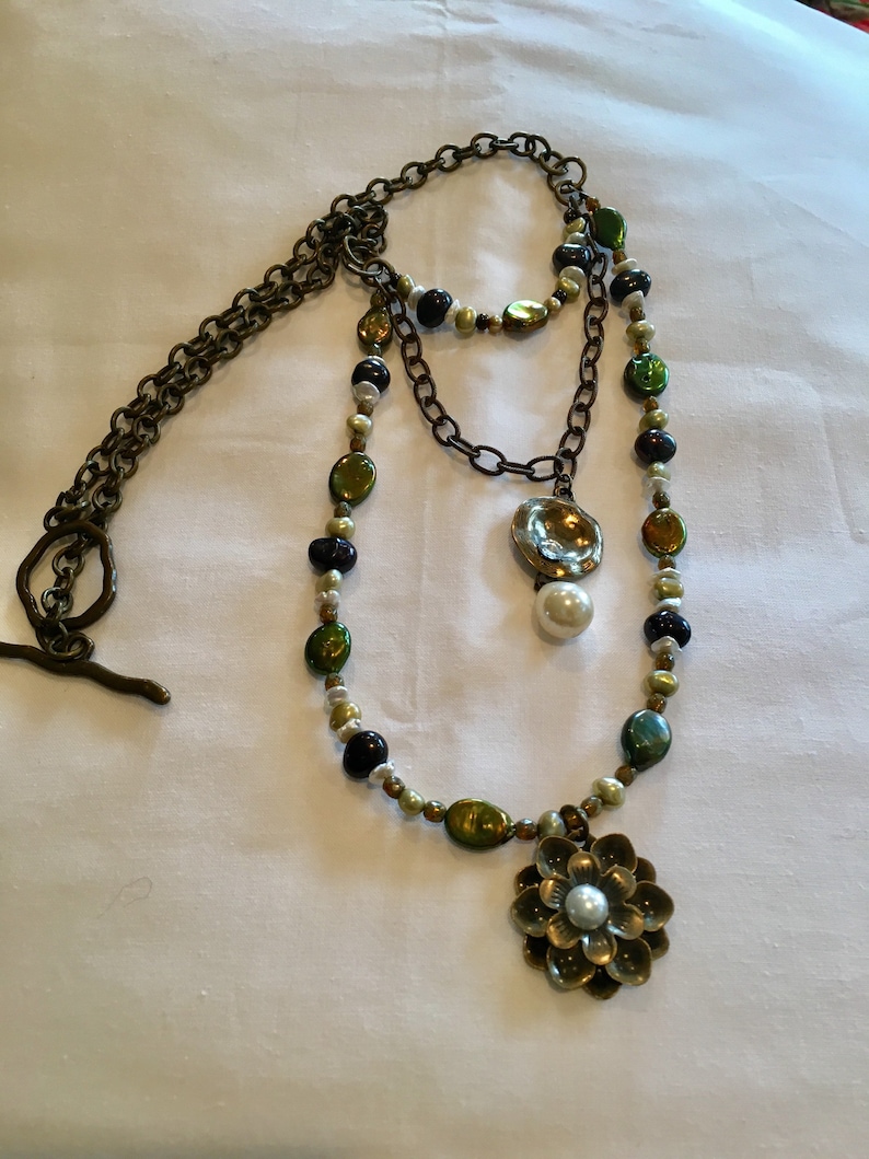 Boho Necklace with Freshwater Pearls with Chain and Pendant Charms