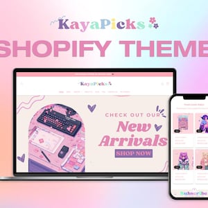 Peut inclure: Un ordinateur portable et un téléphone mobile affichent un site Web avec un schéma de couleurs rose et violet. Le site Web présente un graphique d'un bureau avec un clavier, une souris et d'autres fournitures de bureau. Le texte sur le site Web indique "Découvrez nos nouveaux arrivages Acheter maintenant".