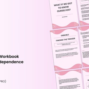 Peut inclure: Un classeur de développement personnel rose et blanc avec le titre "Self-Growth Workbook Emotional Independence TOOLKIT" et le texte "WHAT IF WE GOT TO KNOW OURSELVES?" Le classeur comprend des exercices intitulés "Finding the Trigger" et "Identifying My Repetitive Patterns".
