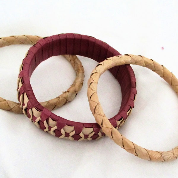 WOVEWN BANGLE BRACELETS, Lauhala Hand Woven Bracelets, Set of 3, Maui, Hawaii, Vintage 1989