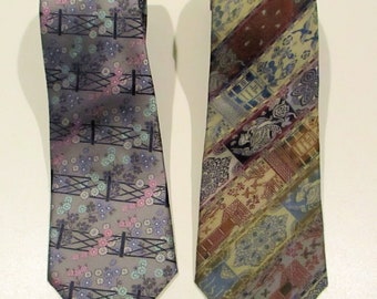 JAPANESE SILK NECKTIES, Blue/Gray Japanese Prints, Lot of 2