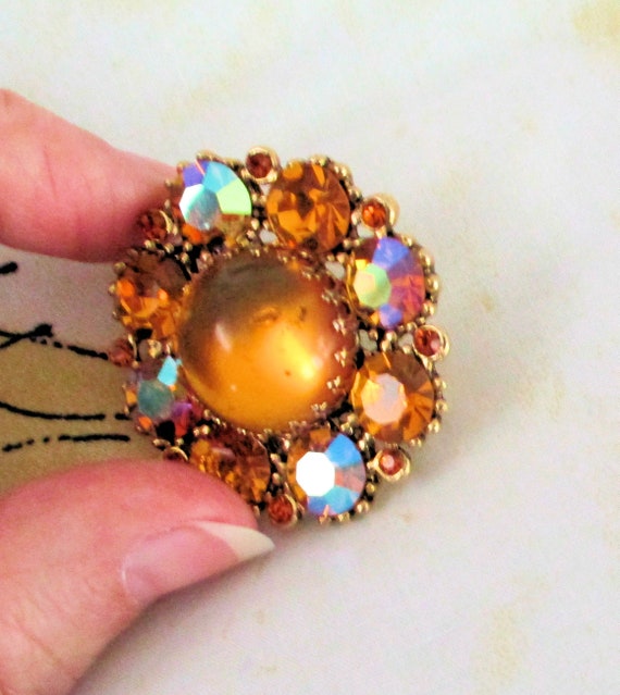 AMBER COLORED Vintage Brooch, Gold Amber Colored … - image 2