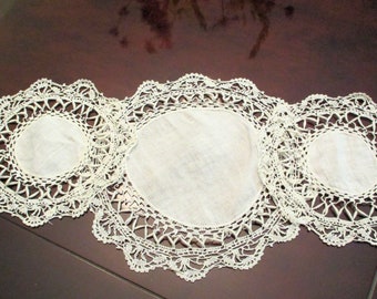 LINEN and CROCHET COASTERS, Set of 3, Vintage 1940s