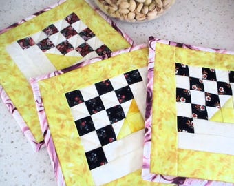 HANDMADE POTHLDERS, Set of 3 Potholders or Hot Pads, pieced flowers in yellow pots