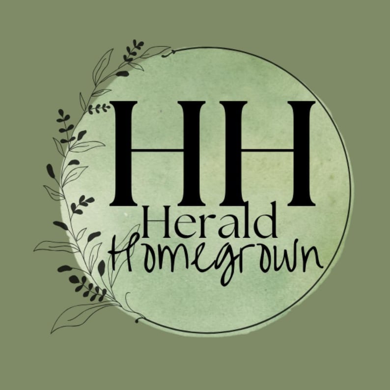 Op de afbeelding: Een logo met de letters "HH" in zwart, met "Herald Homegrown" eronder. Het ontwerp is geplaatst op een lichtgroene aquarel cirkel, met bladachtige botanische elementen rond de cirkel aan de linkerkant.