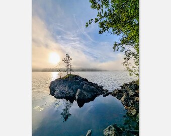 Misty Lake Saimaa Print | Finnish Nature Sunrise Wall Art Poster