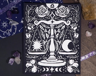 Libra Linocut - Block Prints - Hand Printed - 8x10 Inches - Zodiac