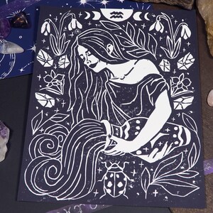 Aquarius Linocut - Block Prints - Hand Printed - 8x10 Inches - Zodiac