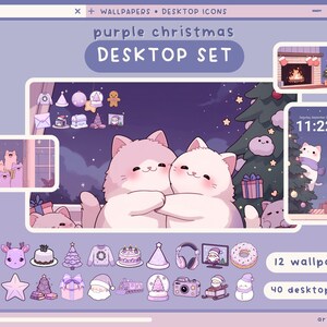 May include: A purple and white Christmas desktop set with 12 wallpapers and 40 desktop icons. The set features cute cartoon cats, a Christmas tree, and other festive elements.