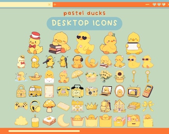 May include: A set of pastel yellow duck themed desktop icons. The icons include a variety of images, such as ducks, flowers, books, a school bus, a key, a crown, a house, a mushroom, a cloud, a candle, and a slice of toast. The text "pastel ducks DESKTOP ICONS" is at the top of the image.