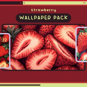 Könnte beinhalten: Ein digitales Hintergrundbild-Paket mit einer Nahaufnahme von geschnittenen Erdbeeren. Das Bild ist leuchtend rot mit einem leichten Orangeton. Das Hintergrundbild-Paket trägt den Titel "Strawberry Wallpaper Pack".