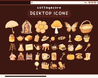 May include: A set of 30 cottagecore-themed desktop icons featuring illustrations of a mushroom, a butterfly, a flower, a house, a watering can, a birdhouse, a fireplace, a bookshelf, a mailbox, a rocking chair, a key, a pumpkin, a telephone, a pair of boots, a ladder, a jar, a teapot, a loaf of bread, a cutting board, a hat, a spool of thread, a wreath, a candle, a cup of tea, a potted plant, a nest with eggs, a typewriter, a clock, a slice of pie, a wooden spoon, a mirror, a fence, and a bouquet of flowers. The icons are all in a cartoon style and are set against a brown background.