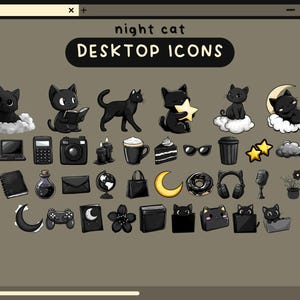 夜の猫のデスクトップアイコン、黒の美的ダークデスクトップオーガナイザーアイコンセット、猫のフォルダアイコン、Windows Macアイコン、猫のかわいいデスクトップフォルダアイコン