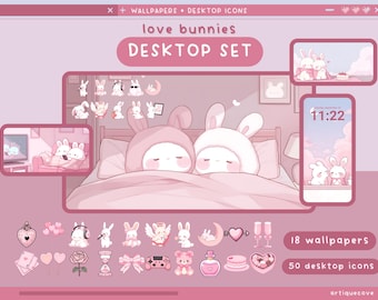 Conjunto de escritorio con conejitos de amor, fondos de pantalla, iconos, carpetas, organizador de escritorio rosa, conejito kawaii de San Valentín, carpetas, fondo, iconos de Windows y Mac.