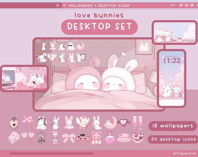 Windows Icon Rabbit Set Sakura Bunny Pink Desktop Icons Set Cute Desktop Organizer Icon Kawaii ...