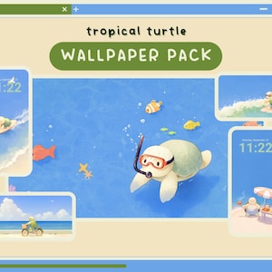 Puede incluir: Un paquete de fondos de pantalla digitales con una tortuga de dibujos animados con un esnórquel y gafas, nadando en agua azul. Se muestran las palabras "tropical turtle" y "wallpaper pack". Otras imágenes muestran tortugas surfeando, montando en bicicleta y relajándose en la playa.