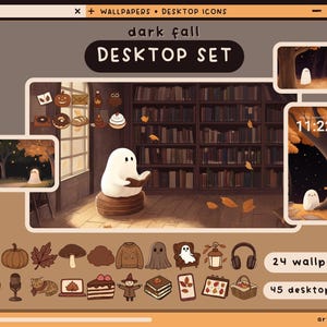 May include: A digital desktop set with a dark fall theme. The set includes 24 wallpapers and 45 desktop icons. The image shows a library with a ghost reading a book, a clock with the time 11:22, and a variety of icons including a crescent moon, a pumpkin, a leaf, a mushroom, a cloud, a sweater, a ghost, a lantern, headphones, a laptop, a cake, a gnome, a stack of books, a leaf, a calendar, and a basket.