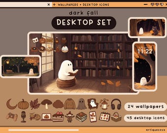 Conjunto de fondos de pantalla, iconos y carpetas para el escritorio de otoño oscuro, organizador de escritorio oscuro, carpetas de temporada gótica lofi, fondo para Windows y Mac, paquete de iconos marrones fantasma.