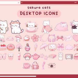 Peut inclure: Un ensemble d'icônes de bureau numériques roses et blanches représentant de jolis chats de dessin animé avec des fleurs de cerisier, une tasse à thé, une maison, un appareil photo, un beignet, un papillon, un champignon, une théière, un sac à dos, un microphone et un appareil photo. Le texte "sakura cats DESKTOP ICONS" est en haut de l'image.