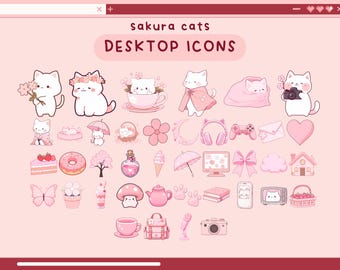 May include: A set of pink and white digital desktop icons featuring cute cartoon cats with cherry blossoms, a teacup, a house, a camera, a donut, a butterfly, a mushroom, a teapot, a backpack, a microphone, and a camera. The text "sakura cats DESKTOP ICONS" is at the top of the image.