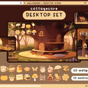 May include: A cottagecore themed desktop set with 20 wallpapers and 40 desktop icons. The set features a whimsical illustration of a treehouse with a spiral staircase, a birdhouse, and a clock. The icons include a variety of cute and charming designs, such as a butterfly, a teapot, a mushroom, and a pumpkin.