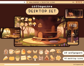 May include: A cottagecore themed desktop set with 20 wallpapers and 40 desktop icons. The set features a whimsical illustration of a treehouse with a spiral staircase, a birdhouse, and a clock. The icons include a variety of cute and charming designs, such as a butterfly, a teapot, a mushroom, and a pumpkin.