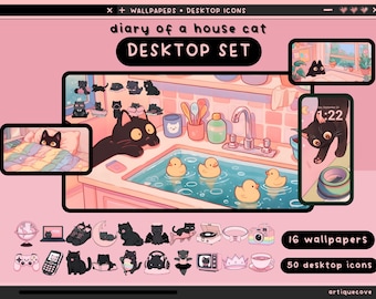 Conjunto de escritorio de gatos acogedores, fondos de pantalla, iconos, carpetas, organizador de escritorio rosa, carpetas de gato negro kawaii, fondo, gatito, paquete de iconos de Windows y Mac