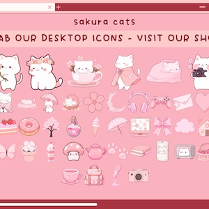 K&ouml;nnte beinhalten: Eine Sammlung von rosa und wei&szlig;en digitalen Symbolen mit niedlichen Katzen, Blumen und anderen Kawaii-Designs. Der Text "Sakura cats" und "Grab our desktop icons - visit our shop!" wird oben im Bild angezeigt.