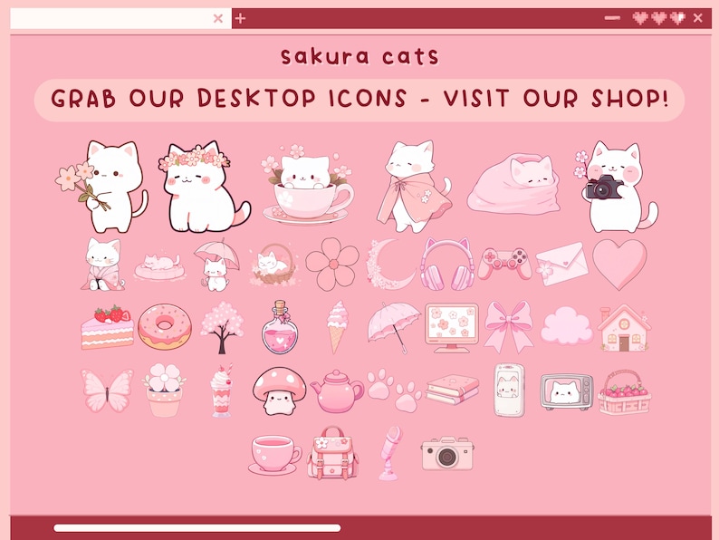 K&ouml;nnte beinhalten: Eine Sammlung von rosa und wei&szlig;en digitalen Symbolen mit niedlichen Katzen, Blumen und anderen Kawaii-Designs. Der Text "Sakura cats" und "Grab our desktop icons - visit our shop!" wird oben im Bild angezeigt.