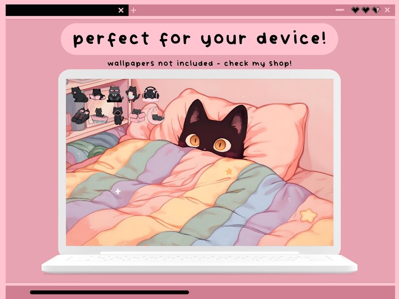 Może przedstawiać: Cyfrowa ilustracja wyświetlana na ekranie laptopa. Obraz przedstawia czarnego kota wyglądającego spod pastelowego koca. Tekst "perfect for your device!" znajduje się na g&oacute;rze. Widoczne są dodatkowe ilustracje kot&oacute;w.