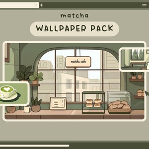 Könnte beinhalten: Eine digitale Illustration eines Matcha-Cafés mit einem großen Fenster, grünen Pflanzen, einer Theke mit Gebäck und einer Tasse Matcha-Latte. Der Text "matcha cafe" ist auf einem Schild über dem Fenster zu sehen.