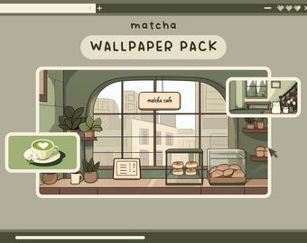 Könnte beinhalten: Eine digitale Illustration eines Matcha-Cafés mit einem großen Fenster, grünen Pflanzen, einer Theke mit Gebäck und einer Tasse Matcha-Latte. Der Text "matcha cafe" ist auf einem Schild über dem Fenster zu sehen.