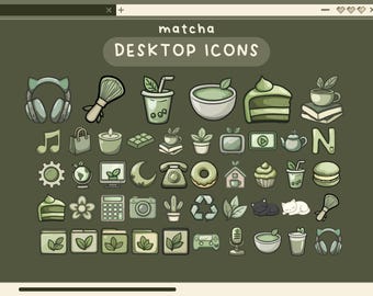 May include: A set of 40 green and white illustrated icons for desktop use. The icons include a variety of themes, such as music, food, drinks, plants, and animals. The text "matcha DESKTOP ICONS" is at the top of the image.