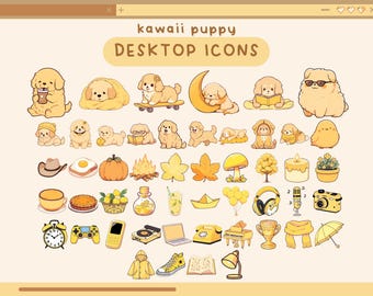 以下が含まれることがあります： 黄色いカワイイ子犬のデスクトップアイコンのコレクション。アイコンには、子犬、食べ物、カウボーイハット、カボチャ、ラップトップ、電話などのさまざまなオブジェクトが含まれています。「kawaii puppy DESKTOP ICONS」というテキストが上部にあります。