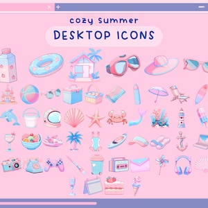 Puede incluir: Un conjunto de 40 iconos de escritorio coloridos con temática de verano. Los iconos incluyen una variedad de artículos, como una sombrilla de playa, una tabla de surf, una concha, una estrella de mar, un cangrejo, un faro, una palmera, un traje de baño, un par de gafas de sol, una pelota de playa, un cubo y una pala, un salvavidas, una botella de jugo, una casa de playa, un par de gafas de buceo, un sombrero de sol, una cámara, un mando de juego, un pincel, un cubo de basura, un reproductor de casetes, un sobre, una veleta, un par de auriculares, un abanico, una copa de vino, un calendario, una porción de pastel y un cono de helado.