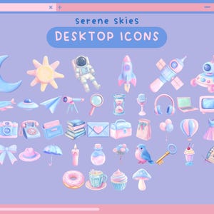 Puede incluir: Colección de iconos de escritorio estilo acuarela sobre fondo lavanda. Los iconos incluyen una luna creciente, un sol, un astronauta, un cohete, un satélite y otros objetos. El texto "Serene skies DESKTOP ICONS" está en la parte superior.