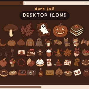 May include: A set of 36 dark autumn-themed desktop icons. The icons include a mushroom, a pumpkin, a ghost, a book, a cat, a campfire, a doughnut, a camera, a maple syrup bottle, and more.
