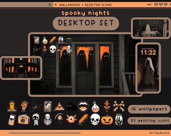 Conjunto de fondos de pantalla y carpetas para escritorios de noches espeluznantes, organizador de escritorio oscuro, carpetas de la temporada gótica, fondo para Windows y Mac, paquete de iconos negros fantasma.