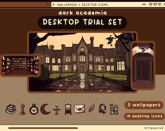 Conjunto de fondos de pantalla, iconos y carpetas de Dark Academia para escritorio, organizador de escritorio oscuro, carpetas de Lo-Fi Goth Academia, fondo para Windows y Mac, paquete de iconos marrones.