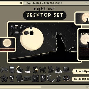 night cats desktop set wallpapers icons folders black cute desktop organizer kawaii dark cats folders background windows mac icons pack set
