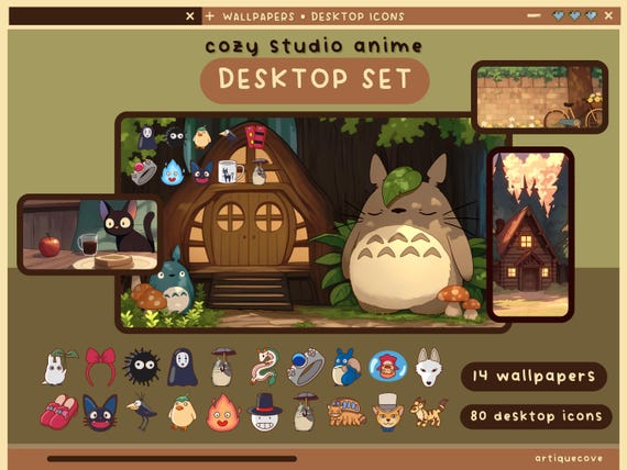 Cozy Studio Anime Desktop Set Wallpapers Icons Folder Pastel Cute