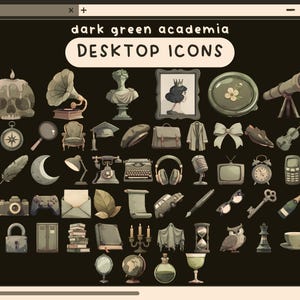 Könnte beinhalten: Eine Sammlung von Desktop-Symbolen im Stil der Dark Green Academia, darunter ein Totenkopf, ein Grammophon, eine Büste, ein Porträt, ein Kompass, eine Lupe, ein Stuhl, eine Baskenmütze, eine Aktentasche, ein Mantel, eine Schleife, Schuhe, eine Geige, eine Feder, ein Mond, eine Lampe, ein Telefon, eine Schreibmaschine, Kopfhörer, ein Mikrofon, ein Fernseher, ein Wecker, ein Mobiltelefon, eine Kamera, ein Gamecontroller, ein Umschlag, ein Blatt, eine Schriftrolle, ein Auto, ein Stift, eine Brille, ein Schlüssel, eine Sektflasche, ein Schloss, ein Schrank, Bücher, ein Spiegel, Kerzen, ein Geist, eine Sanduhr, eine Eule, eine Schachfigur, eine Teetasse, ein Globus und eine Flasche mit Trank.