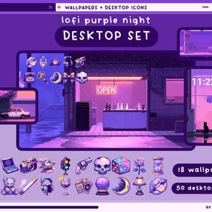 以下が含まれることがあります： 「lofi purple night DESKTOP SET」のテキストが入った、紫色の夜をテーマにしたデジタルアートグラフィック。 18枚の壁紙と50個のデスクトップアイコンが含まれています。 画像は、さまざまなアイコンやシーンを備えたピクセル化された美学を持っています。