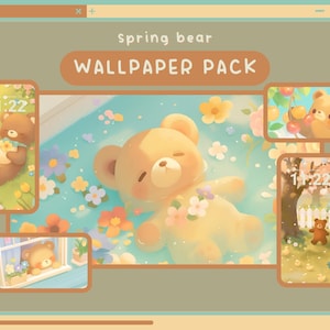 Może przedstawiać: Pakiet cyfrowych tapet z ilustracjami uroczych niedźwiedzi w różnych wiosennych sceneriach. Pakiet zawiera cztery różne wzory, każdy z unikalną paletą kolorów i tematem. Wzory przedstawiają niedźwiedzie na łące kwiatowej, w basenie wodnym, na parapecie i pod kwitnącym drzewem.