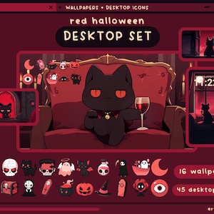 Puede incluir: Un conjunto de escritorio de Halloween rojo y negro con un gato negro sentado en un sillón rojo. El conjunto incluye 16 fondos de pantalla y 45 iconos de escritorio.