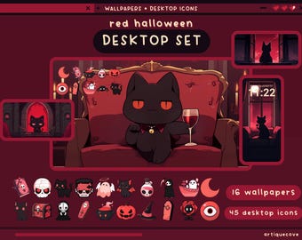 Ensemble de bureau halloween rouge fonds d'écran icônes dossiers sombre organisateur de bureau mignon dossiers fantasmagoriques kawaii fenêtres de fond fonds d'écran icônes mac