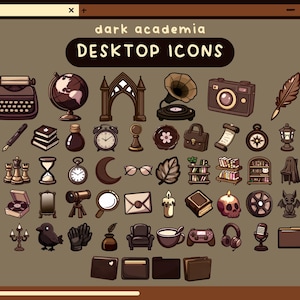 Könnte beinhalten: Ein Satz von 36 Desktop-Icons im Dark-Academia-Stil. Die Icons sind im Cartoon-Stil gehalten und zeigen verschiedene Objekte wie eine Schreibmaschine, einen Globus, ein Grammophon, ein Buch, eine Feder, einen Kompass, eine Kerze, einen Schädel, eine Kaffeetasse, einen Videospiel-Controller und Kopfhörer.